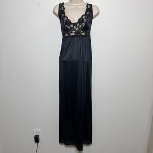 VTG 80s Adonna Women Babydoll Whimsigoth Maxi Dress XL Black Lace Trim Cutout
